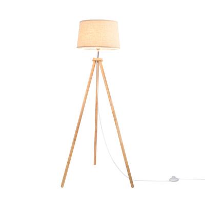 China Modern Wooden Tripod Floor Lamp E27 150cm Base Max.60W Standing Hand Foot Control Beige Fabric Shade Bedroom Office Studio Light for sale