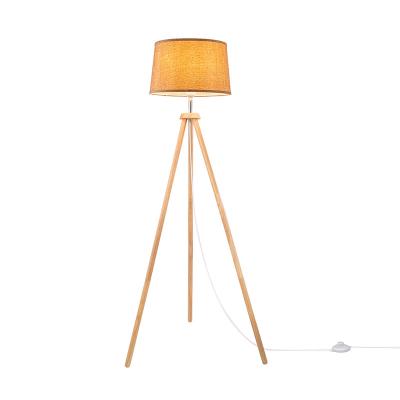 China Modern Tripod Floor Lamp Wooden E27 Lamp 150cm Base Max.60W Standing Hand Foot Control Gold Fabric Shade Bedroom Office Studio Light for sale