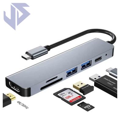 China ABS+Aluminum alloy 6 in 1 type C multi ports usb type c 3.0 hub function sd card multi ports USB 3.0 hub adapter for computers portable for sale