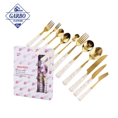 China New Viable Creative Marble Ceramic Handle 25 Pcs Flatware Knife Fork Matte Gold Marble Spoon Hanging Stainless Steel Cutlery Set With Rack for sale