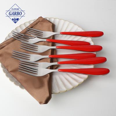 China Hot Sales Disposable 18/0 Food Grade Cutlery Set Stainless Steel Fork Handle Red Plastic Metal Reusable Mirror Polished Silver Serving Fork for sale