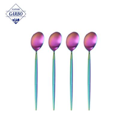 China Sustainable Stainless Colorful Spoon Set Rainbow Titanium Color Dinner Spoon Stainless Steel Flatware Round Tableware Durable Serving Spoon for sale