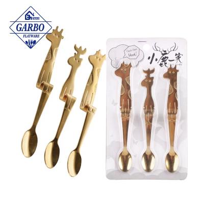 China Dishwasher Safe Gold Flatware Set Food Grade 304 Stainless Steel Spoon Set Of 3pcs Fawn Shape Children Spoons Cute With PVC Package for sale