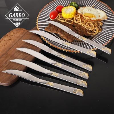 China Hot Selling Viable Garbo Flatware Mirror Dinner 201ss Polish Knife With 6pcs Gold Color Plating Handle Stainless Steel Knife Set for sale