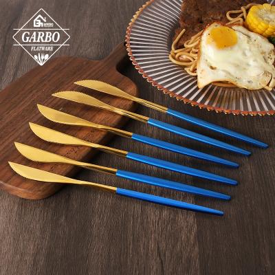 China Durable Shiny Gold Plating Sharp Stainless Steel Knives Blue Handle Dinner Knives Set 4 Dishwasher Safe Sturdy And Easy To Clean for sale