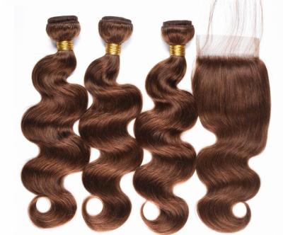 China Silky Straight Wave Pre Color Raw Indian Hair Bundles With Closure #4 Body Wave Light Brown Non-remy Weave Hair Bundles With Closure for sale