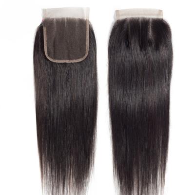 China Silky Straight Brazilian Remy Lace Closure With Baby Hair 4x4 Bleached Straight Hair Weave Middle Part Free Part Part for sale