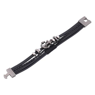 China Environmental Friendly Leather Stainless Steel Bead Leaf Buckle Braided Black Silver Bracelet For Men for sale