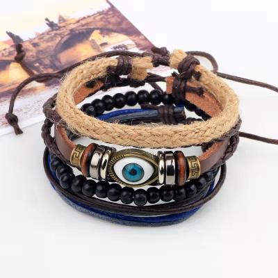 China Round Bead Bracelet 8mm Pulsera Hemp Rope Beads Bracelets Stainless Steel Genuine Leather Wooden Eyes Braided Men's Leather Bracelet for sale