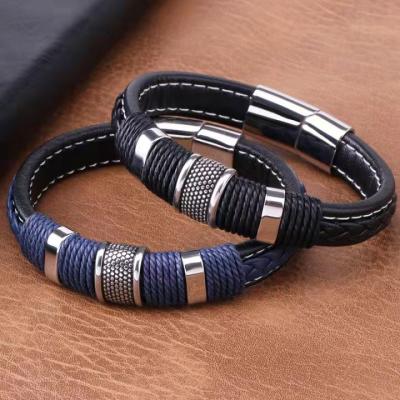 China Retro Environmentally Friendly Korean Style Personality Fashion Braided Jewelry Dominant Titanium Men's Bracelet Steel Leather for sale