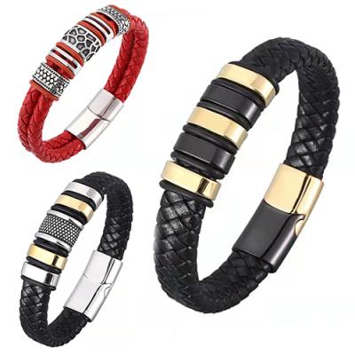 China Environmental Friendly Fashionable Simple Mens Cowhide Stainless Steel Braided Multi Layer Leather Bracelet for sale