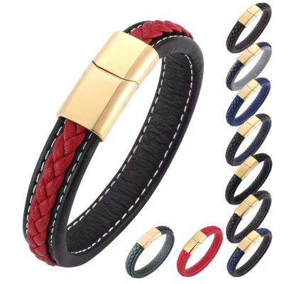 China Environmental Friendly Men Leather Custom Engraved Bracelets Pulsera De Hombre Stainless Steel Magnetic Clasp Genuine Leather Bracelets Bangle for sale