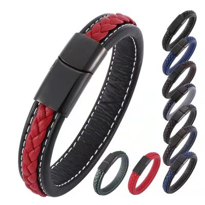 China Pulsera De Hombre Men Genuine Leather Bracelets Bangle Environmental Friendly Stainless Steel Magnetic Clasp For Engraving for sale