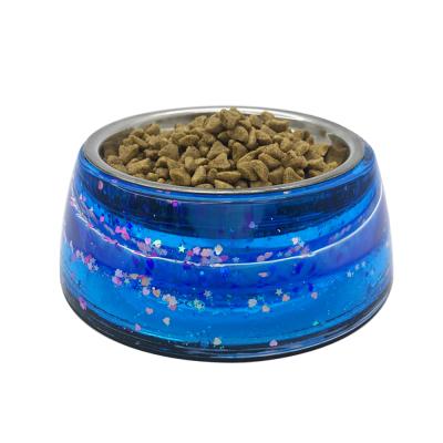 China Dog Bowl Water Cat Bowl Amazon Hot Sale Viable Plastic Clear Pet Bowl With Liquid Glitter And Floater for sale