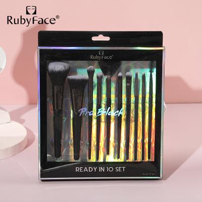 China Angular Blush RubyFace 10 Piece Makeup Brushes Private Label Wooden Handle Cosmetic Make Up Brush Makeup Brush Set OEM Available for sale