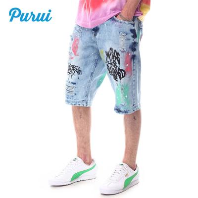 China 2021 Breathable Logo and Repair Color Tear Brush Heat Stamping Handpaint Rubberized Printing Mens Denim Shorts Jeans for sale