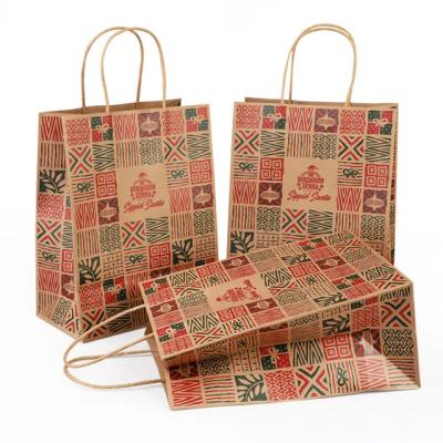 China Recycled Materials Brown Kraft Paper With 4 Color Print Customer Christmas Design Paper Gift Bag And Rope for sale