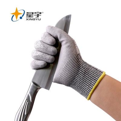 China Safety Work / Industry / Xingyu Resistant Cut Out Gloves 13G HPPE Gray PU Resistant Work Safety Gloves for sale