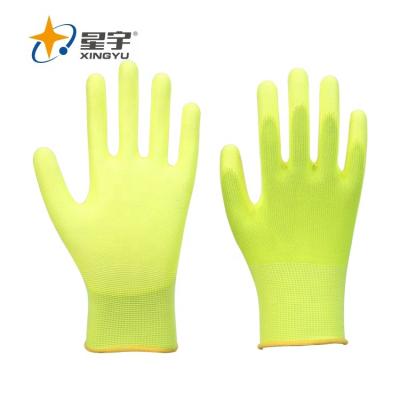 China General Purpose Yellow Xingyu Polyester PU Coated Safety Work Gloves for sale