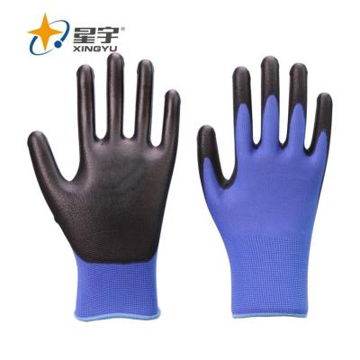 China General Purposes PU Gloves Xingyu Blue Polyester Black PU Coated Work Gloves for sale