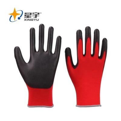 China General Purpose Xingyu Red Polyester Black PU Coated Safety Work Gloves for sale