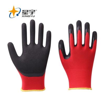 China Xingyu Polyester Red Nitrile Sandy Coated Construction Work Gloves General Purposes for sale