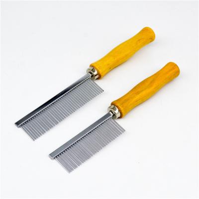 China Stainless Steel Pet Grooming Comb Wooden Bamboo Handle Double Sided Comb Dog Cat Deshedding Comb Double Sided for sale