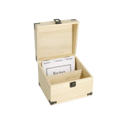 China Handmade Custom Bamboo Wooden Box Recipe Box Factory Recipe Organizer Wooden Storage Box with Divider Tags for sale