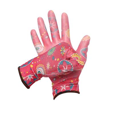 China Safety Work Wholesale Colorful Printing Light Coating Work Gloves Quality Best Working PU Palm Protective Gloves for sale