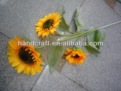 China Aritificial Three Heads Velvet Bud / Polyester Leaf Large Sunflower With Green Leaves Stem for sale