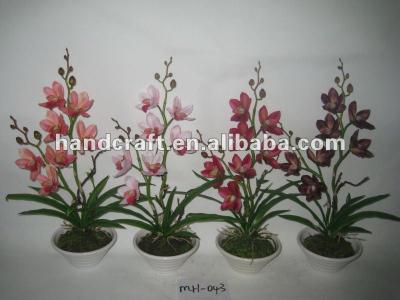 China 2016 Newest Small Two Stem Fake Silk Cymbidium Artificial Orchid With White Plate Pot MH-043 for sale