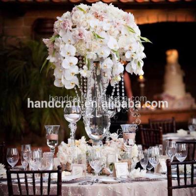 China Natural touch centerpiece floral arrangement with white orchids cascading over pearls and side dripping crystal roses for sale