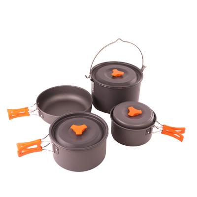 China Outdoor Camping Raising Picnic Cookware Camping Travel Collapsible Gas Stove Use Aluminum Cookware 4pcs Pot Camping Cookware for sale