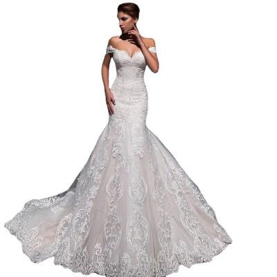 China YJ2038W 2023 new style one-shoulder temperament fishtail wedding dress bride tail wedding dress anti-static slim simple tail wedding dress for sale