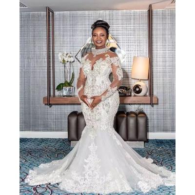 China YJ2043W 2023 Anti-static African Bride Lace Wedding Dress Long Sleeve Mermaid Tail for sale