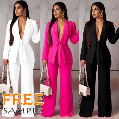 China Anti-Wrinkle Solid Color Loose Belt Two-Piece Set Office Wear For Lady Business Suit Women Women Suits for sale