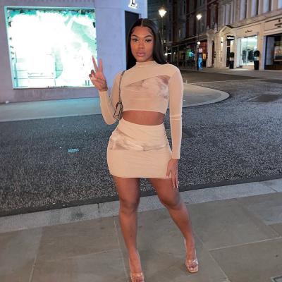 China Women's Breathable Bodycon Mini Dress Long Sleeve Crop Top Women's Two Piece Skirt Sets Skirt 2 Piece Set for sale