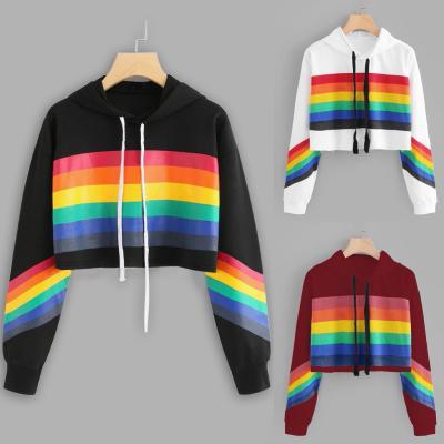 China Anti-pilling Dropshipping Rainbow Print Color Blocking Long Sleeve Plain Hoodies Crop Top Hoodies Women's Hoodies for sale