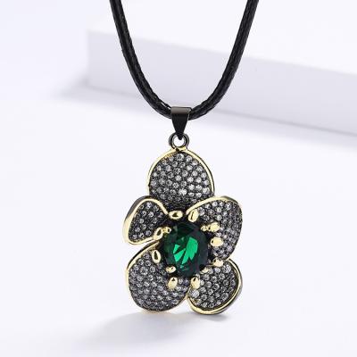 China TRENDY Fashion Ethnic KYNL0462 Retro Black Plated Flower Shape Green CZ Stone Necklaces For Women for sale