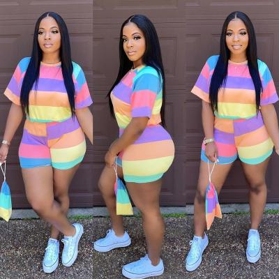 China Acetate Fiber New Fashionable Women Sets Round Neck Froal Shorts Rainbow Printed T-Shirts 2 Pieces Set for sale