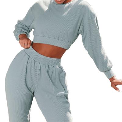 China 2022 New Custom Logo Long Sleeve Crop Sports Antibacterial Wear And Loose Pants Ribbed Material Fitness Sports Sets Casual Tracksuits for sale