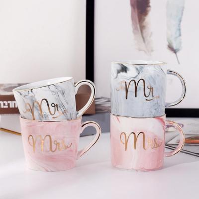 China WKTM08-010 Style Stocked Marble Mr. Mrs. Decal Mug Set Gift Box Marble Wedding Gift Set Edge Printing Coffee Mug Gold Cup for sale