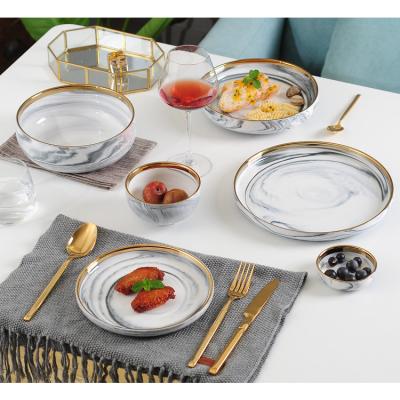 China WKTDS04 Chaozhou Luxury Wedding Line Stocked Gold Plated Ceramic Dinnerware Dining Plate and Bowl Marble Dinner Set Porcelain for sale