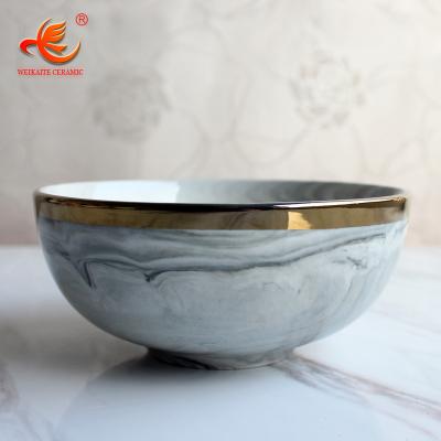 China Stocked New Products WKTB001 Gold Plated Custom Logo Porcelain Marble Ceramic Bowls Soup Noodle and Salad Bowl With Gold Rim for sale