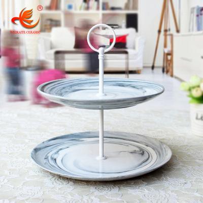 China WKTP001 Disposable 2 Layers Cheap Custom Printed Ceramic Marble Cake Stand Dish Porcelain Design Dinner Fruit Food for sale