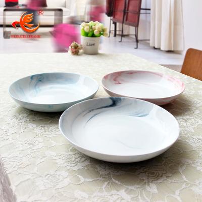 China WKTP009 Home Use Round Porcelain Stocked Ceramic Dishes, Customized Dinner Dishes Customize Pasta Marble Deep Soup Dishes for sale