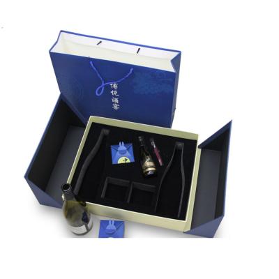 China Factory Customized High Grade Recycled Materials Wooden Box Two Set Glass Box And Wine Bottle Packaging for sale