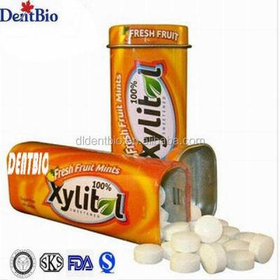 China Xylitol fresh fruit sugar free mints candy packed in tin can in steel bottle for sale