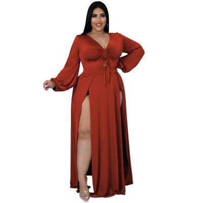 China European and American Plus Size Sheer Sleeve V-Neck Fashion Color Ladies Fashion Grasp Slit Dress Breathable Hollow Long Dress for sale