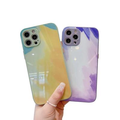 China Waterproof Applicable to cell phone 12pro watercolor glass case iphone11 glass case right fine hole camera inventory for sale